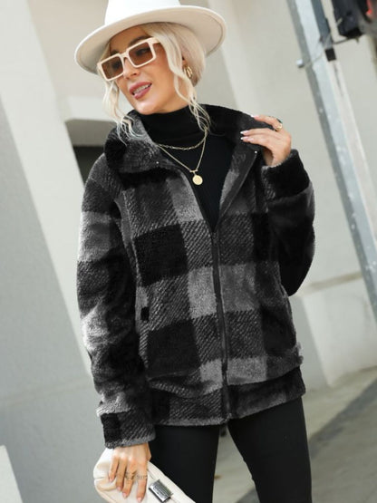 Plaid Zip-Up Collared Jacket - Brinxx Couture