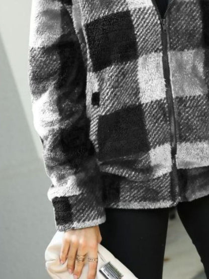 Plaid Zip-Up Collared Jacket - Brinxx Couture