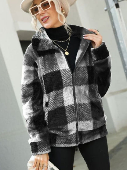 Plaid Zip-Up Collared Jacket - Brinxx Couture