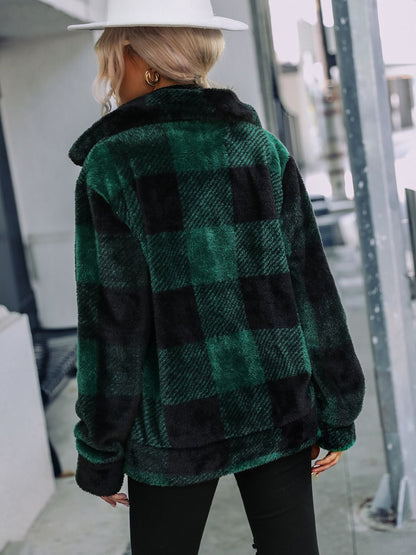 Plaid Zip-Up Collared Jacket - Brinxx Couture