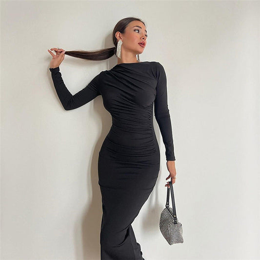 Pleated Long Sleeve Maxi Dress - Brinxx Couture