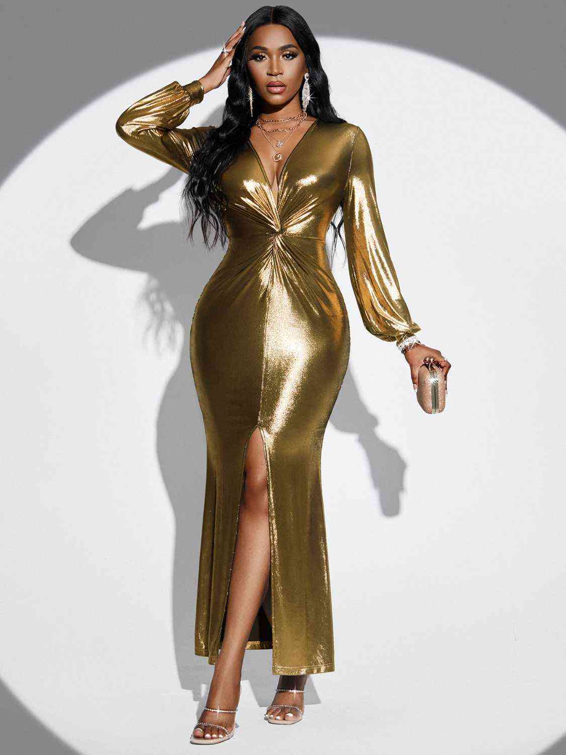 Plunge Twisted Slit Midi Dress - Brinxx Couture