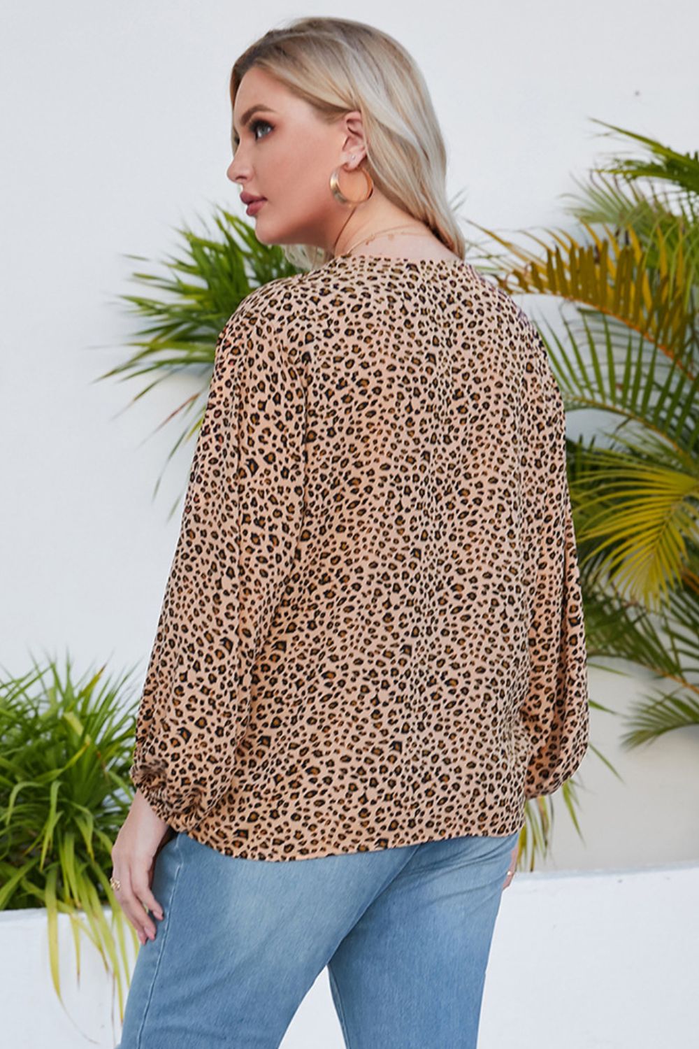 Plus Size Animal Print Balloon Sleeve V-Neck Blouse - Brinxx Couture