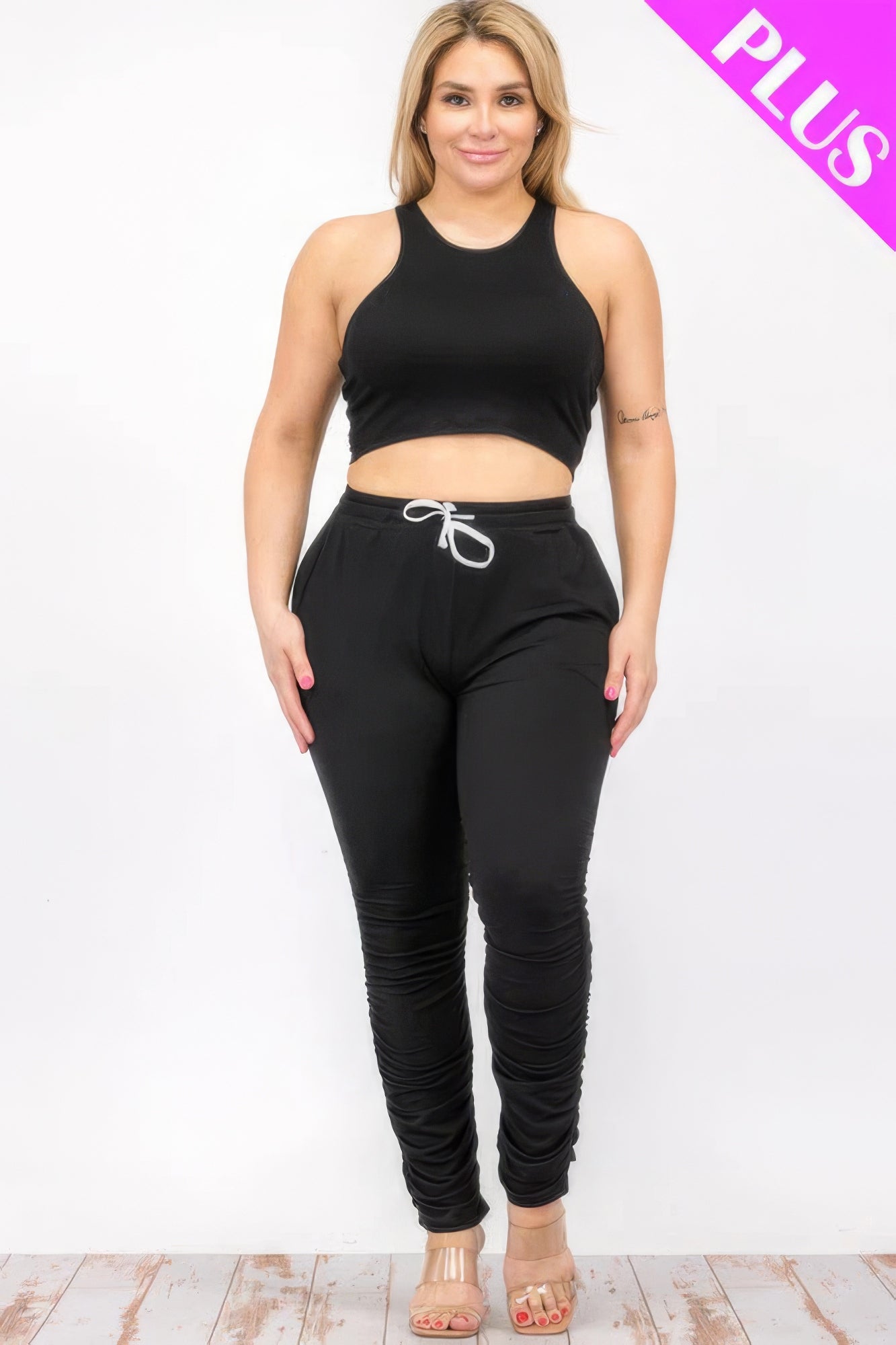 Plus Size Crop Tank Top & Ruched Pants Set - Brinxx Couture