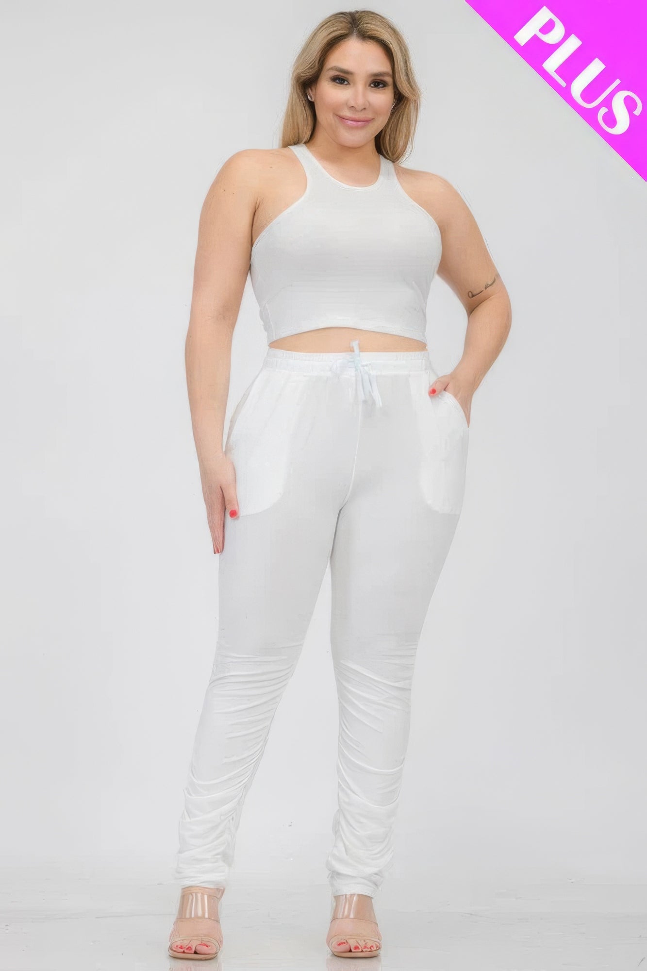 Plus Size Crop Tank Top & Ruched Pants Set - Brinxx Couture