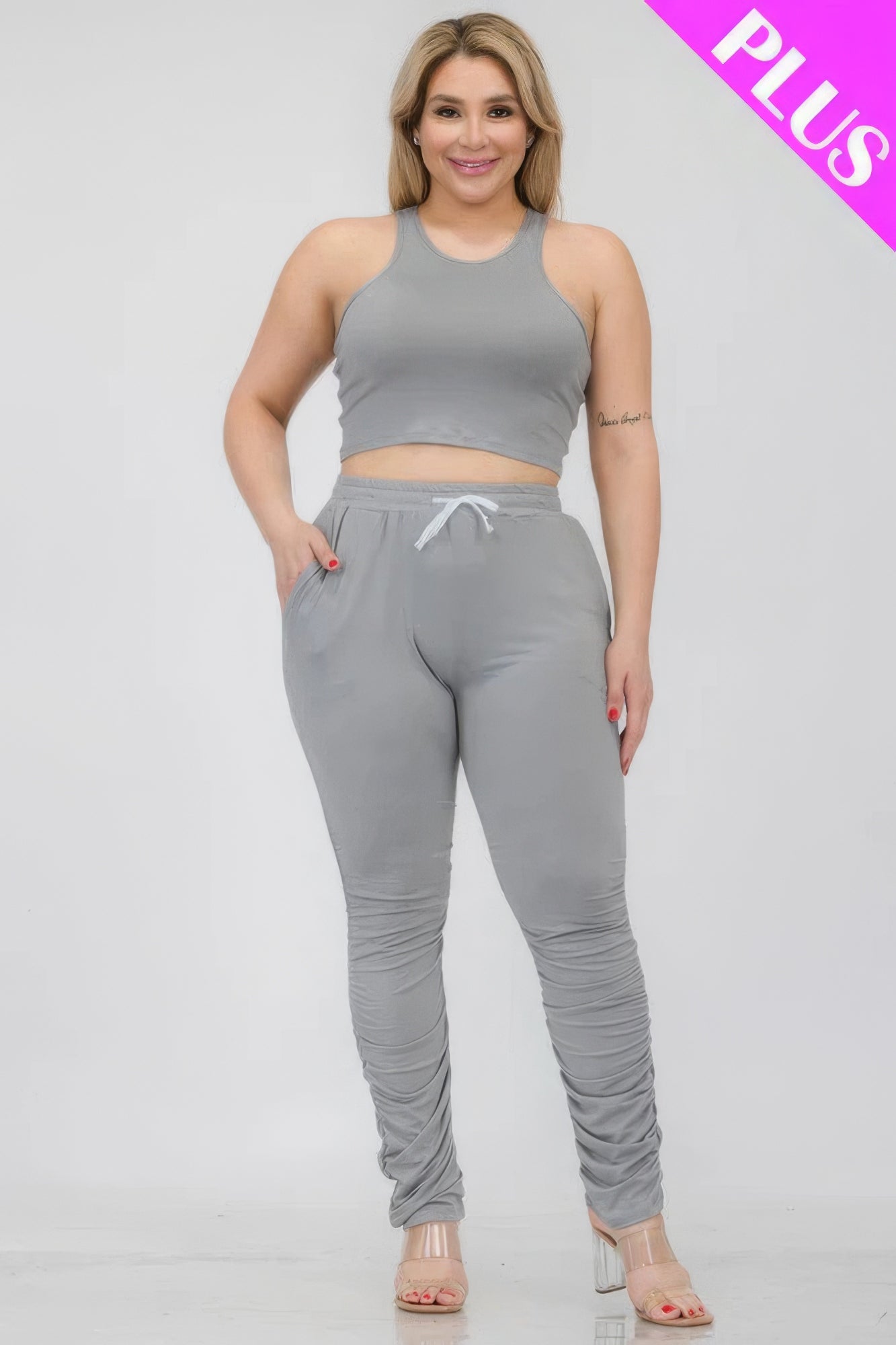 Plus Size Crop Tank Top & Ruched Pants Set - Brinxx Couture