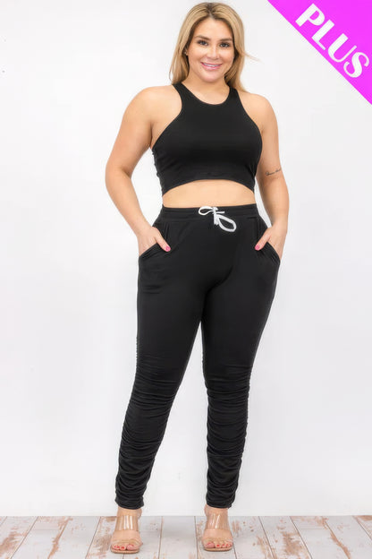 Plus Size Crop Tank Top & Ruched Pants Set - Brinxx Couture