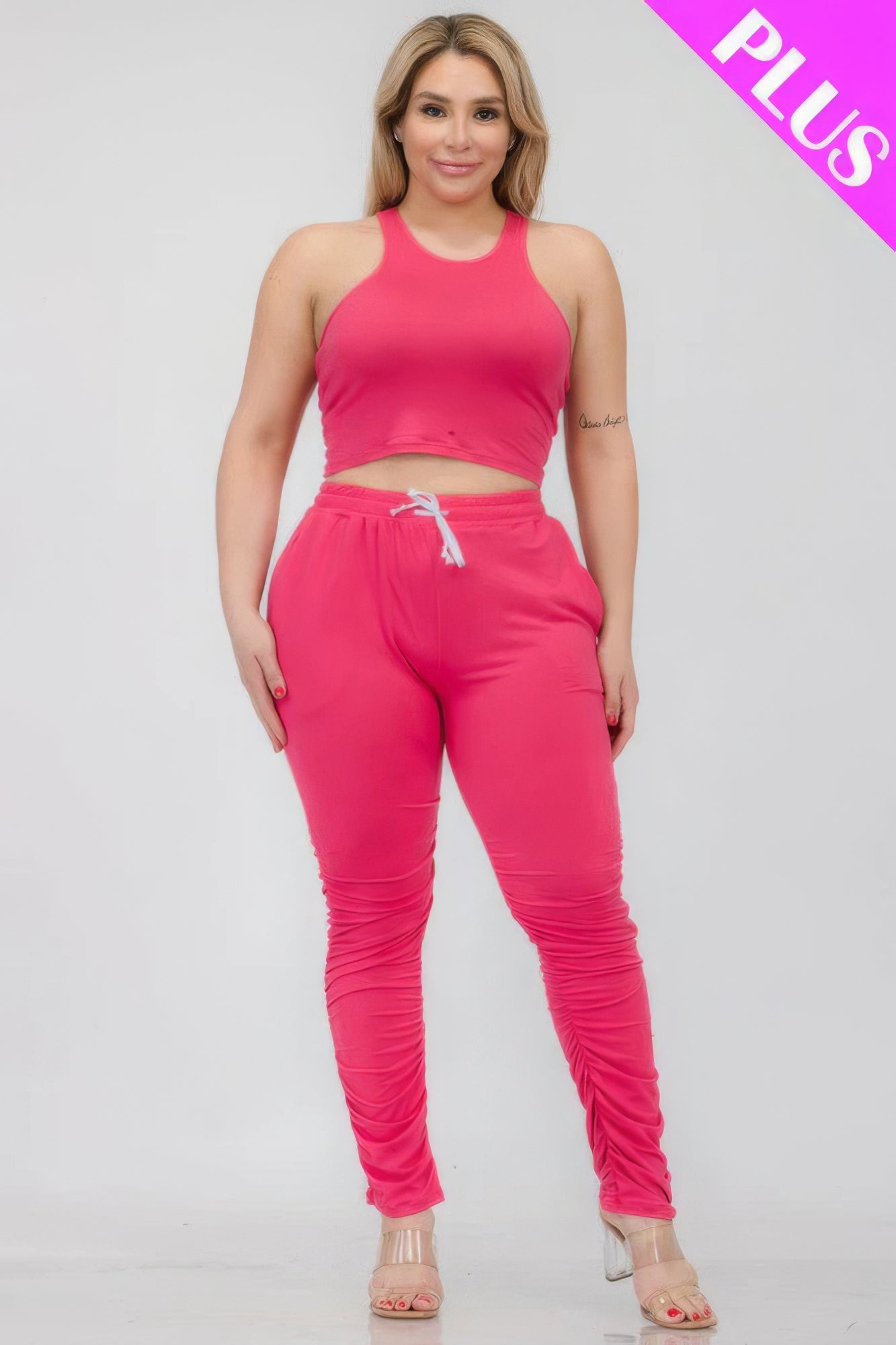 Plus Size Crop Tank Top & Ruched Pants Set - Brinxx Couture