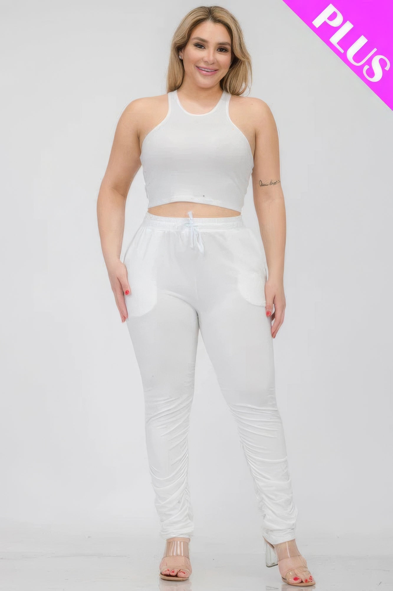 Plus Size Crop Tank Top & Ruched Pants Set - Brinxx Couture