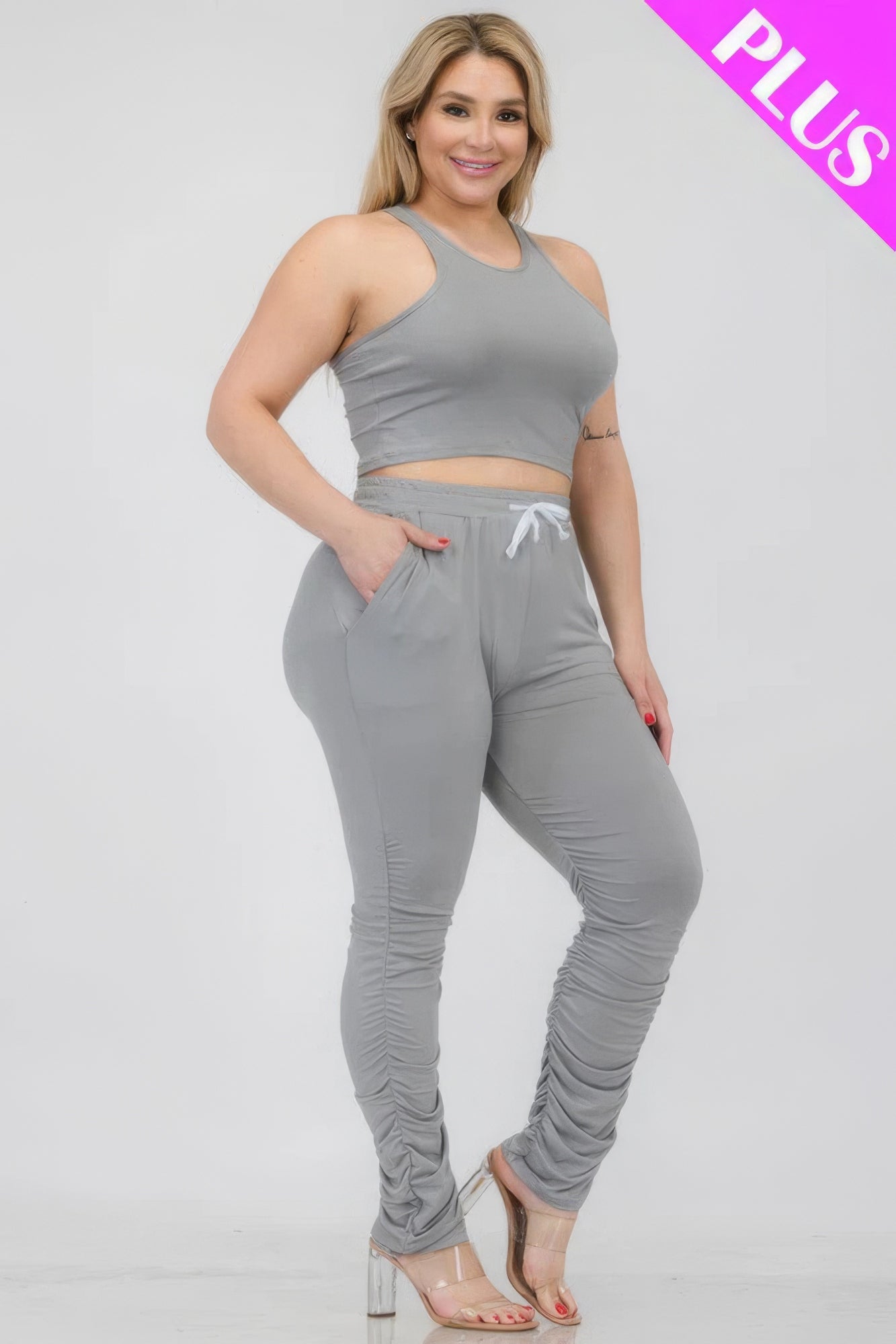 Plus Size Crop Tank Top & Ruched Pants Set - Brinxx Couture