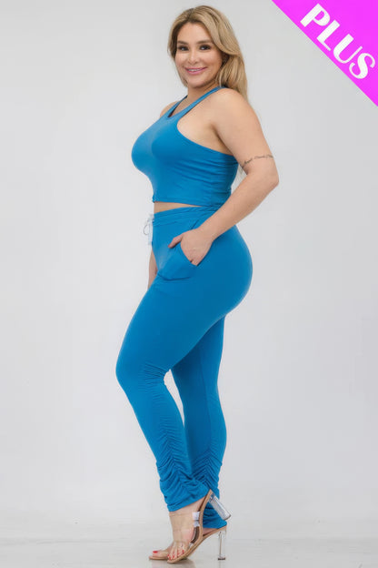 Plus Size Crop Tank Top & Ruched Pants Set - Brinxx Couture