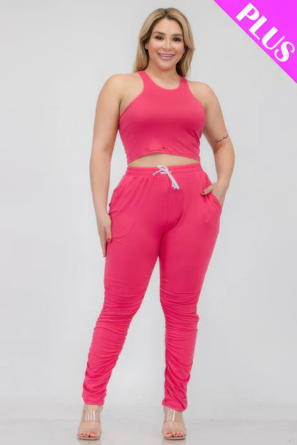 Plus Size Crop Tank Top & Ruched Pants Set - Brinxx Couture