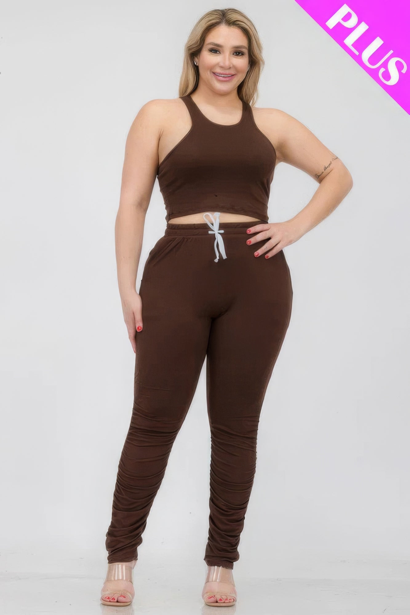 Plus Size Crop Tank Top & Ruched Pants Set - Brinxx Couture