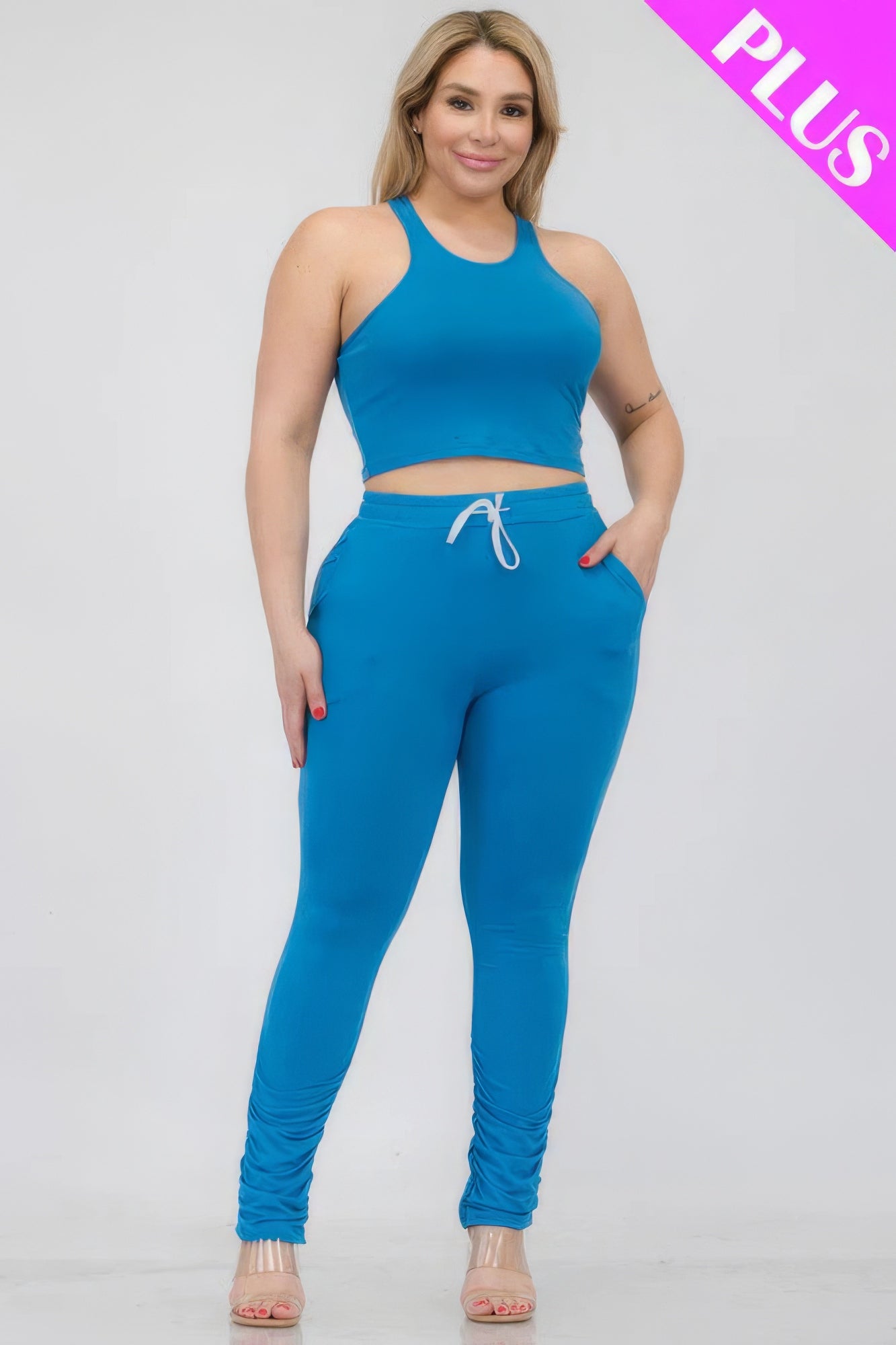 Plus Size Crop Tank Top & Ruched Pants Set - Brinxx Couture