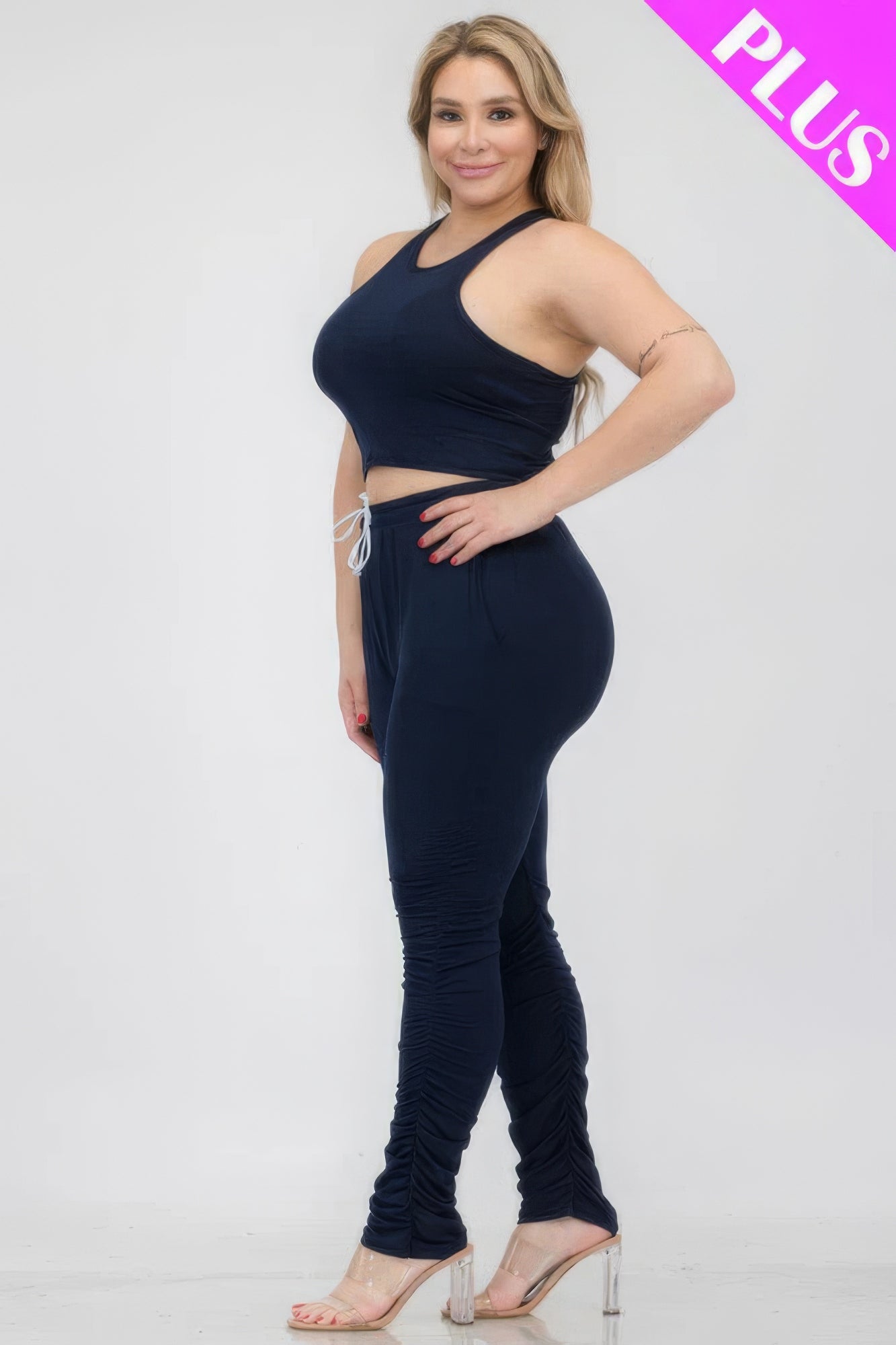 Plus Size Crop Tank Top & Ruched Pants Set - Brinxx Couture