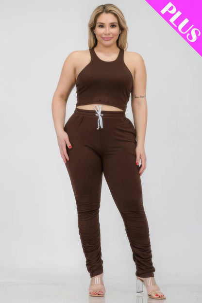 Plus Size Crop Tank Top & Ruched Pants Set - Brinxx Couture