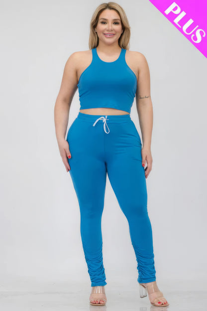 Plus Size Crop Tank Top & Ruched Pants Set - Brinxx Couture