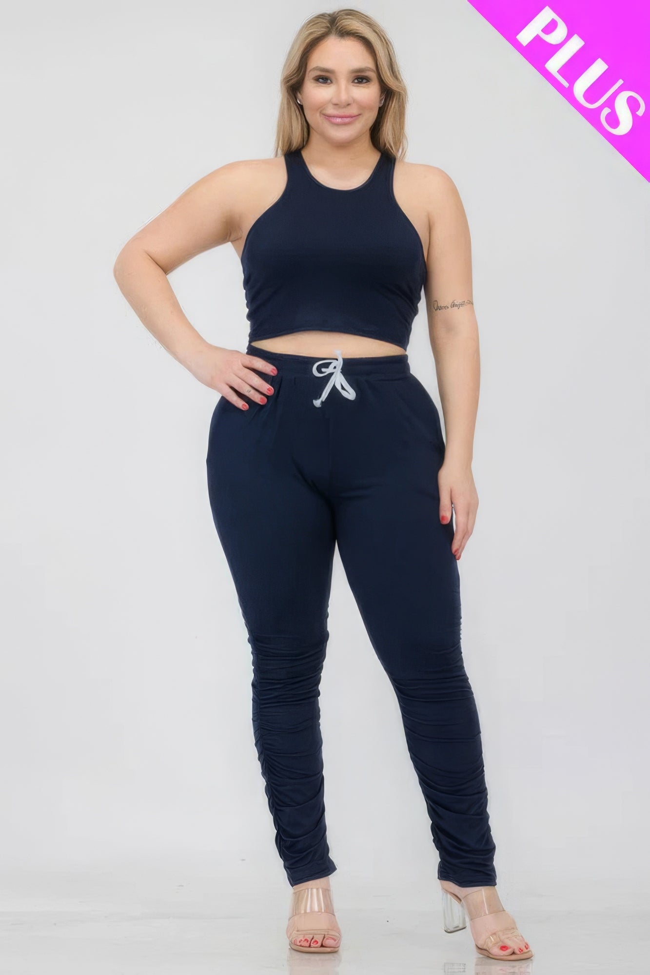 Plus Size Crop Tank Top & Ruched Pants Set - Brinxx Couture