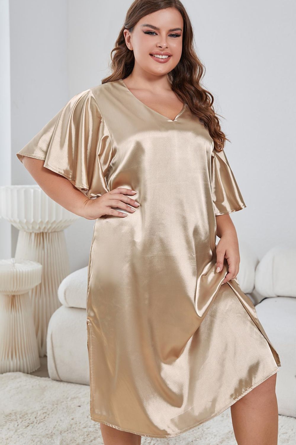 Plus Size Flutter Sleeve V-Neck Side Slit Night Gown - Brinxx Couture