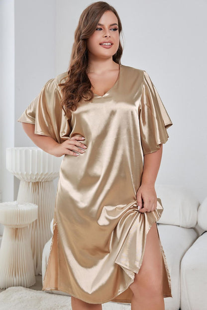 Plus Size Flutter Sleeve V-Neck Side Slit Night Gown - Brinxx Couture