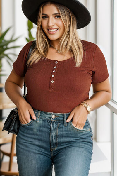 Plus Size Half Button Short Sleeve T-Shirt - Brinxx Couture