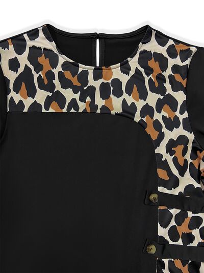 Plus Size Leopard Round Neck Long Sleeve Dress - Brinxx Couture