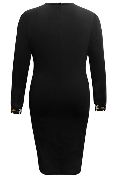 Plus Size Leopard Round Neck Long Sleeve Dress - Brinxx Couture