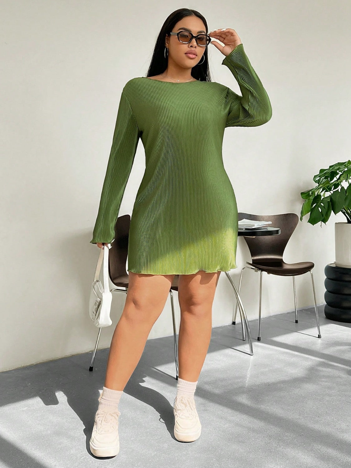 Plus Size Lettuce Hem Long Sleeve Dress - Brinxx Couture