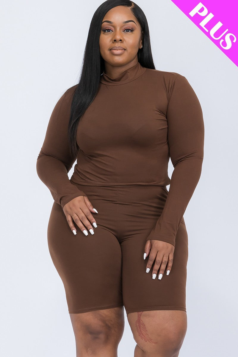 Plus Size Long Sleeve Top & Biker Shorts Set - Brinxx Couture