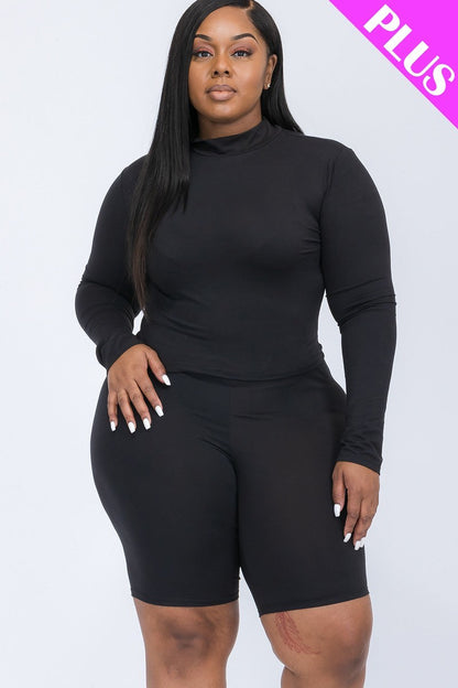 Plus Size Long Sleeve Top & Biker Shorts Set - Brinxx Couture