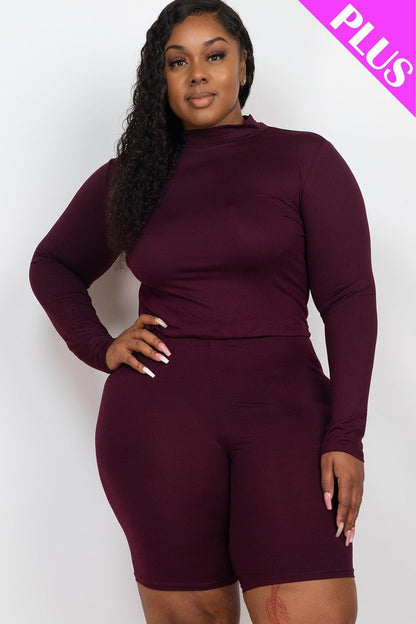 Plus Size Long Sleeve Top & Biker Shorts Set - Brinxx Couture