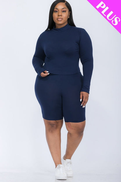 Plus Size Long Sleeve Top & Biker Shorts Set - Brinxx Couture