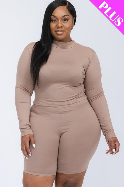 Plus Size Long Sleeve Top & Biker Shorts Set - Brinxx Couture