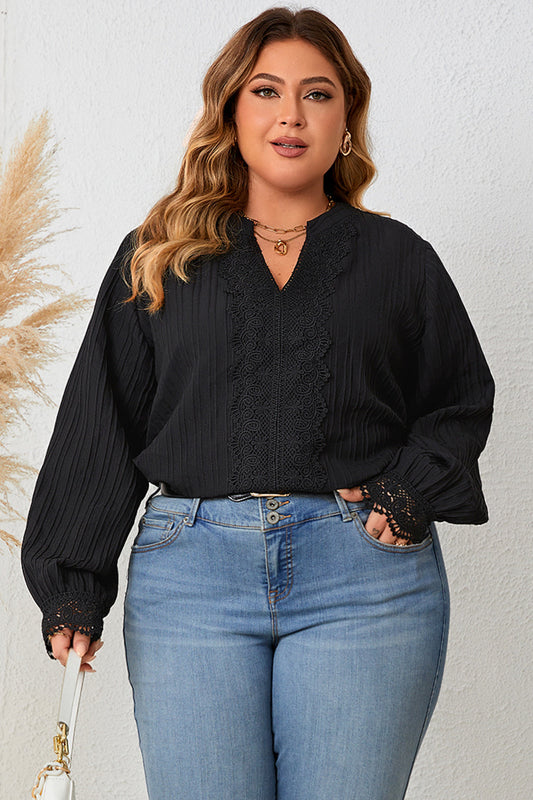 Plus Size Notched Neck Lace Detail Blouse - Brinxx Couture