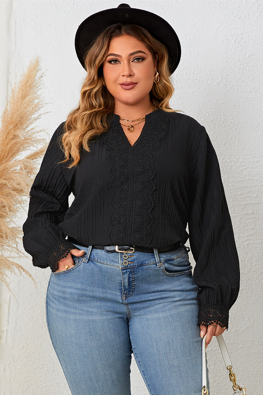 Plus Size Notched Neck Lace Detail Blouse - Brinxx Couture