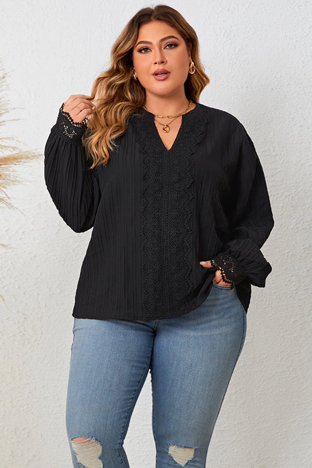 Plus Size Notched Neck Lace Detail Blouse - Brinxx Couture