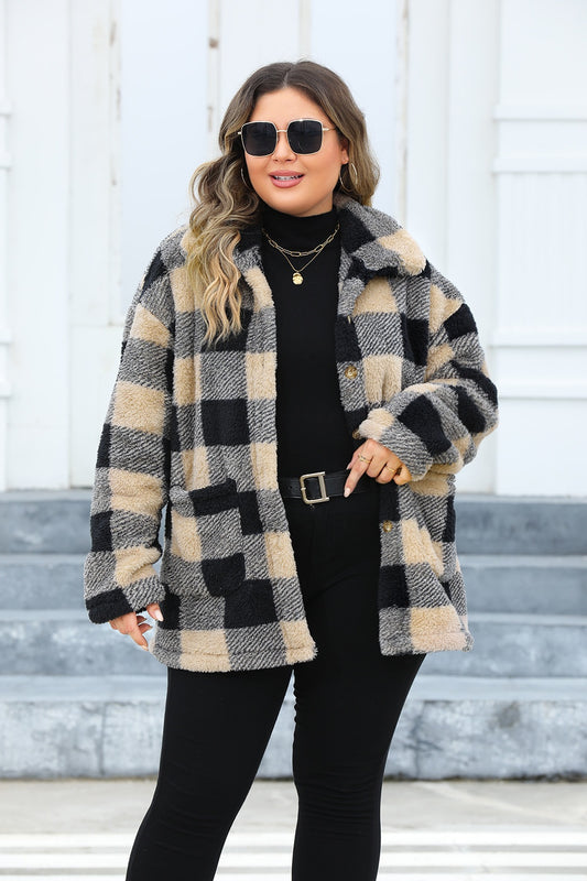 Plus Size Plaid Button Up Long Sleeve Coat - Brinxx Couture