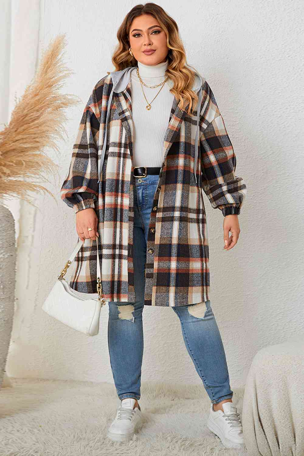 Plus Size Plaid Drop Shoulder Hooded Coat - Brinxx Couture