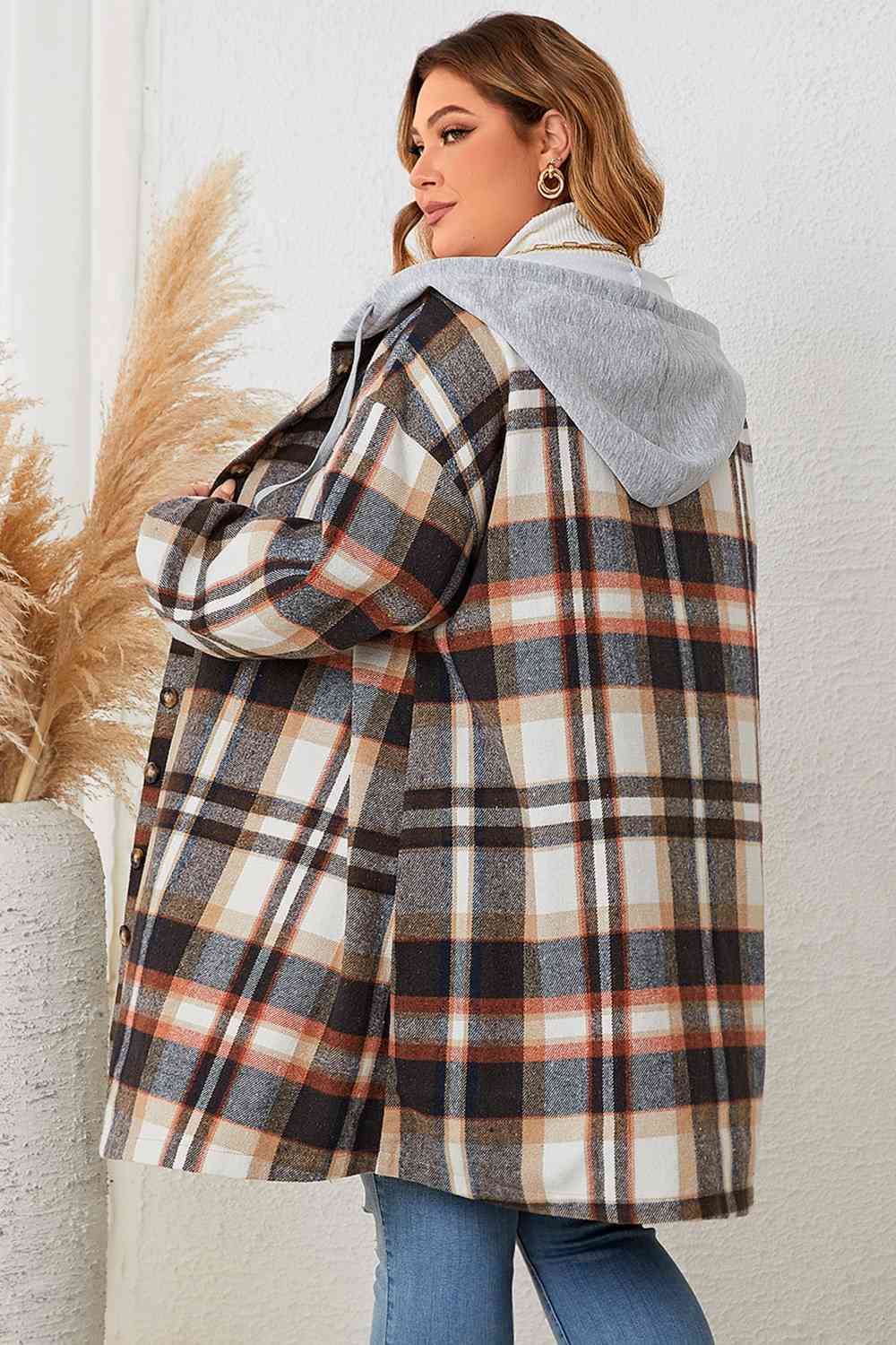 Plus Size Plaid Drop Shoulder Hooded Coat - Brinxx Couture