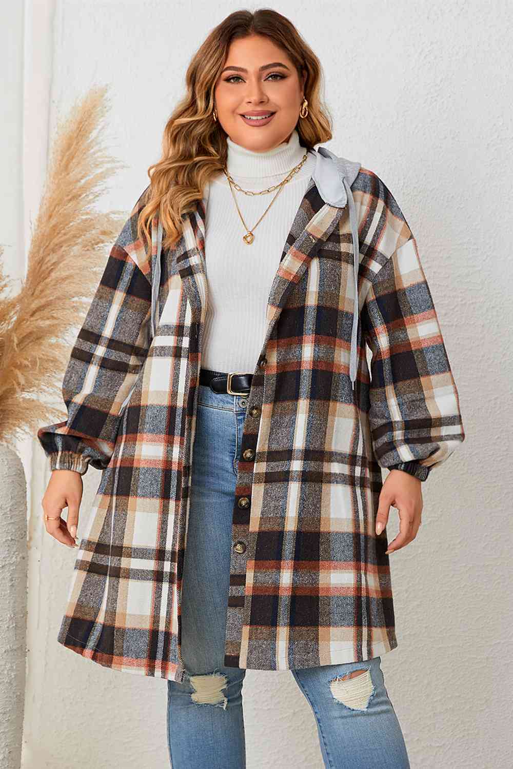 Plus Size Plaid Drop Shoulder Hooded Coat - Brinxx Couture