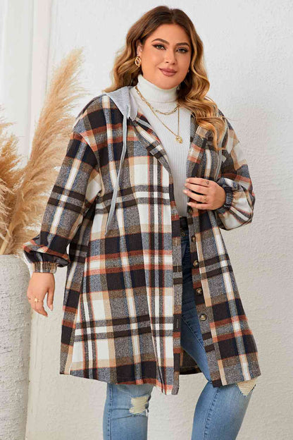 Plus Size Plaid Drop Shoulder Hooded Coat - Brinxx Couture