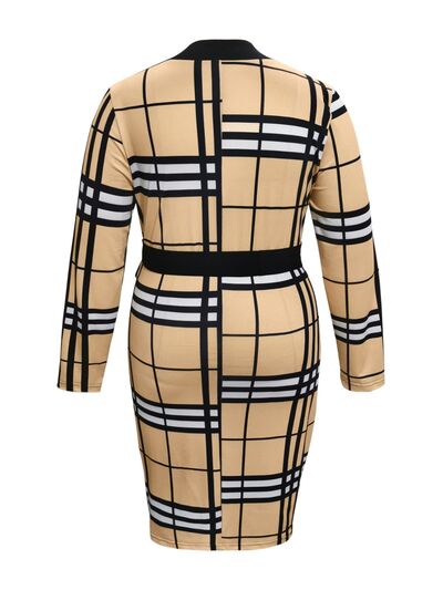 Plus Size Plaid V-Neck Long Sleeve Wrap Dress - Brinxx Couture