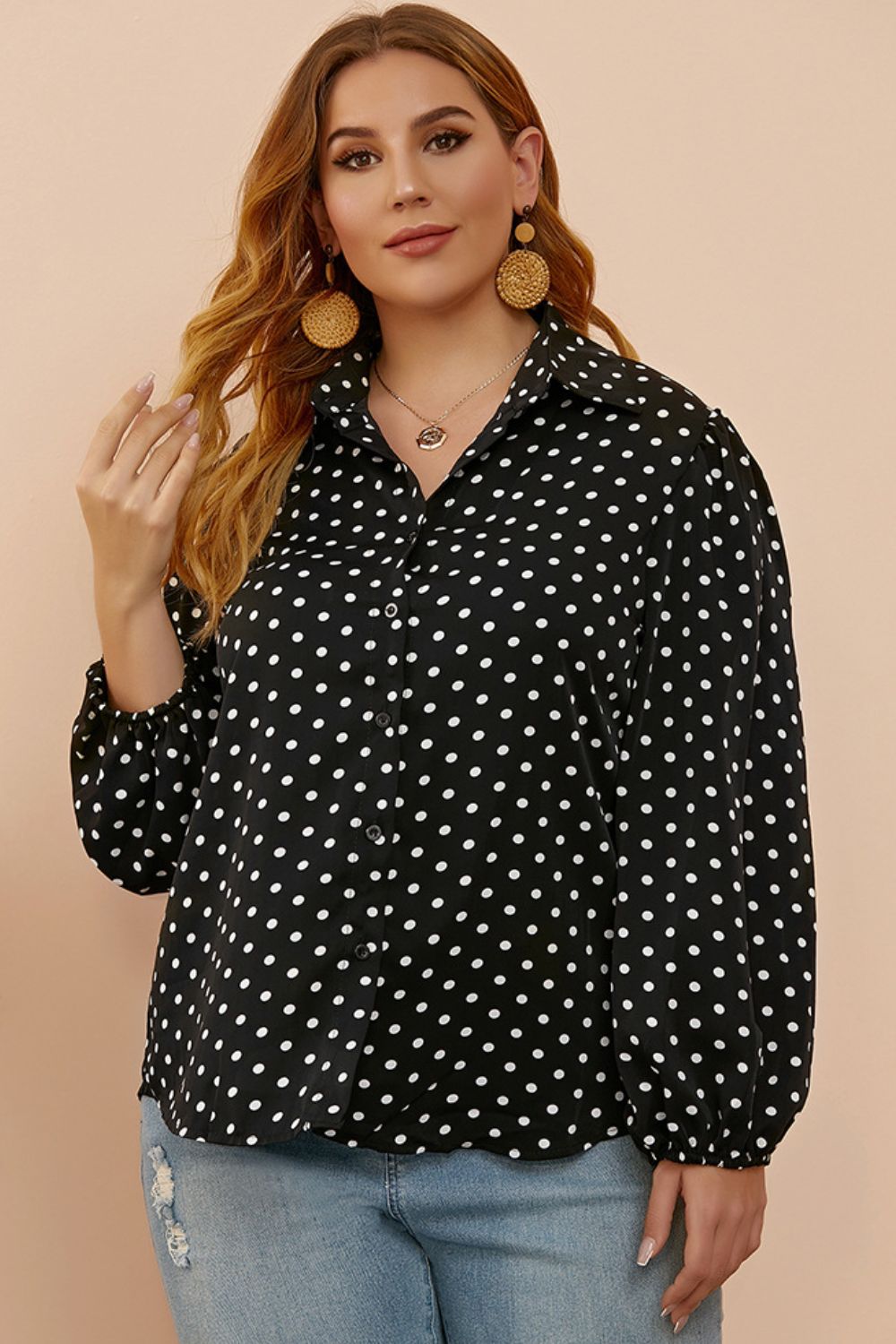 Plus Size Polka Dot Balloon Sleeve Shirt - Brinxx Couture