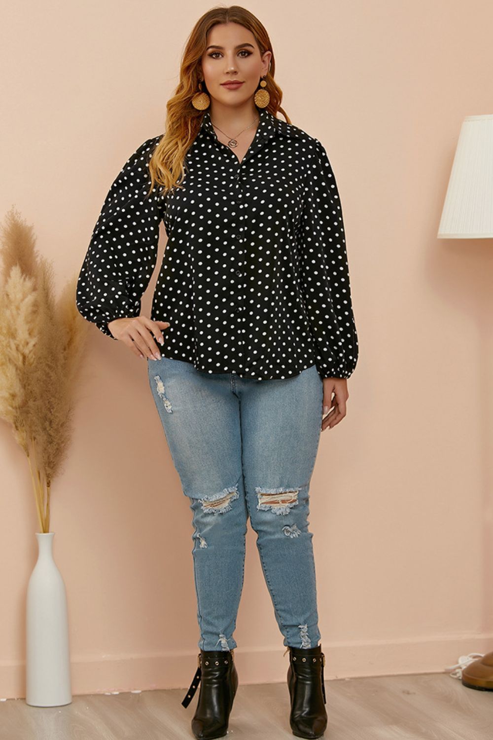 Plus Size Polka Dot Balloon Sleeve Shirt - Brinxx Couture