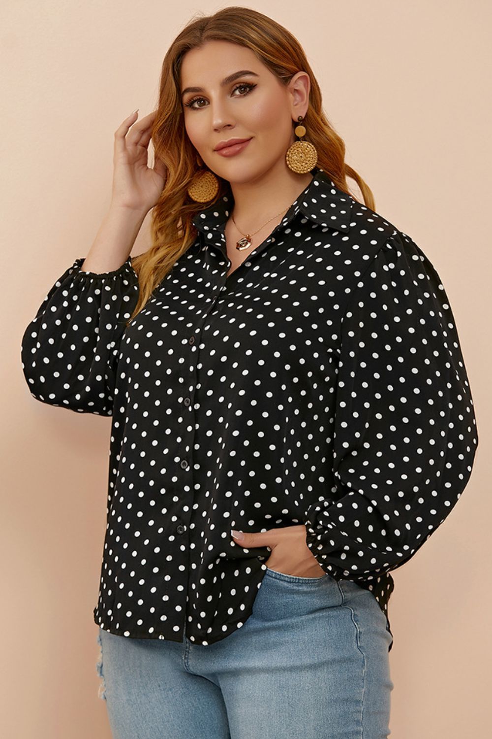 Plus Size Polka Dot Balloon Sleeve Shirt - Brinxx Couture