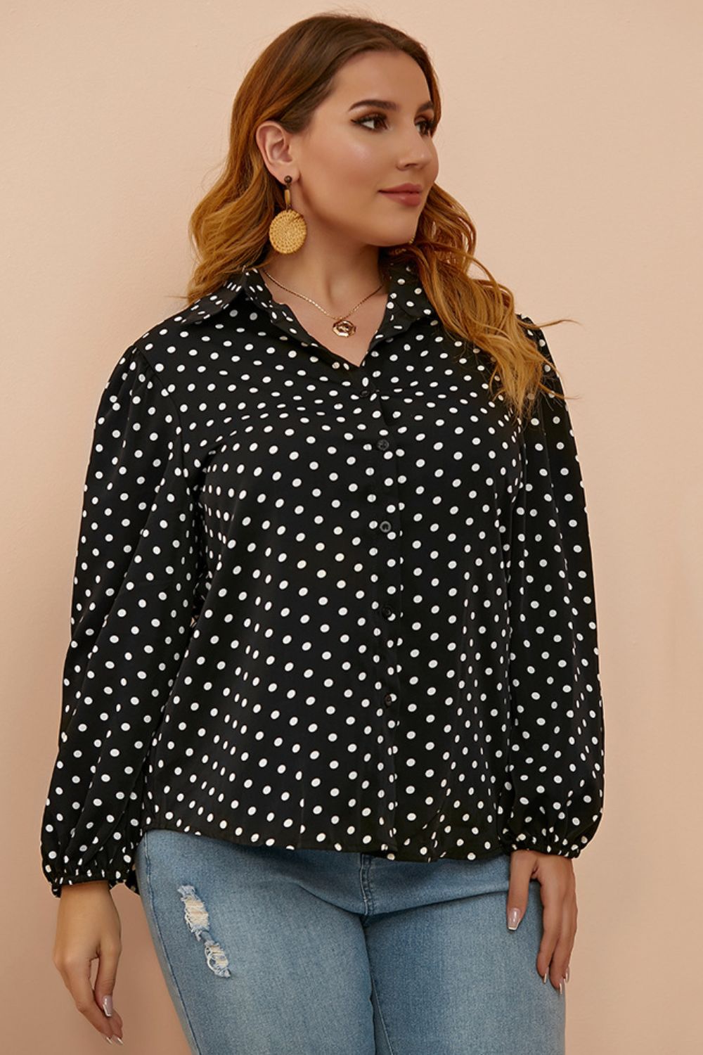 Plus Size Polka Dot Balloon Sleeve Shirt - Brinxx Couture