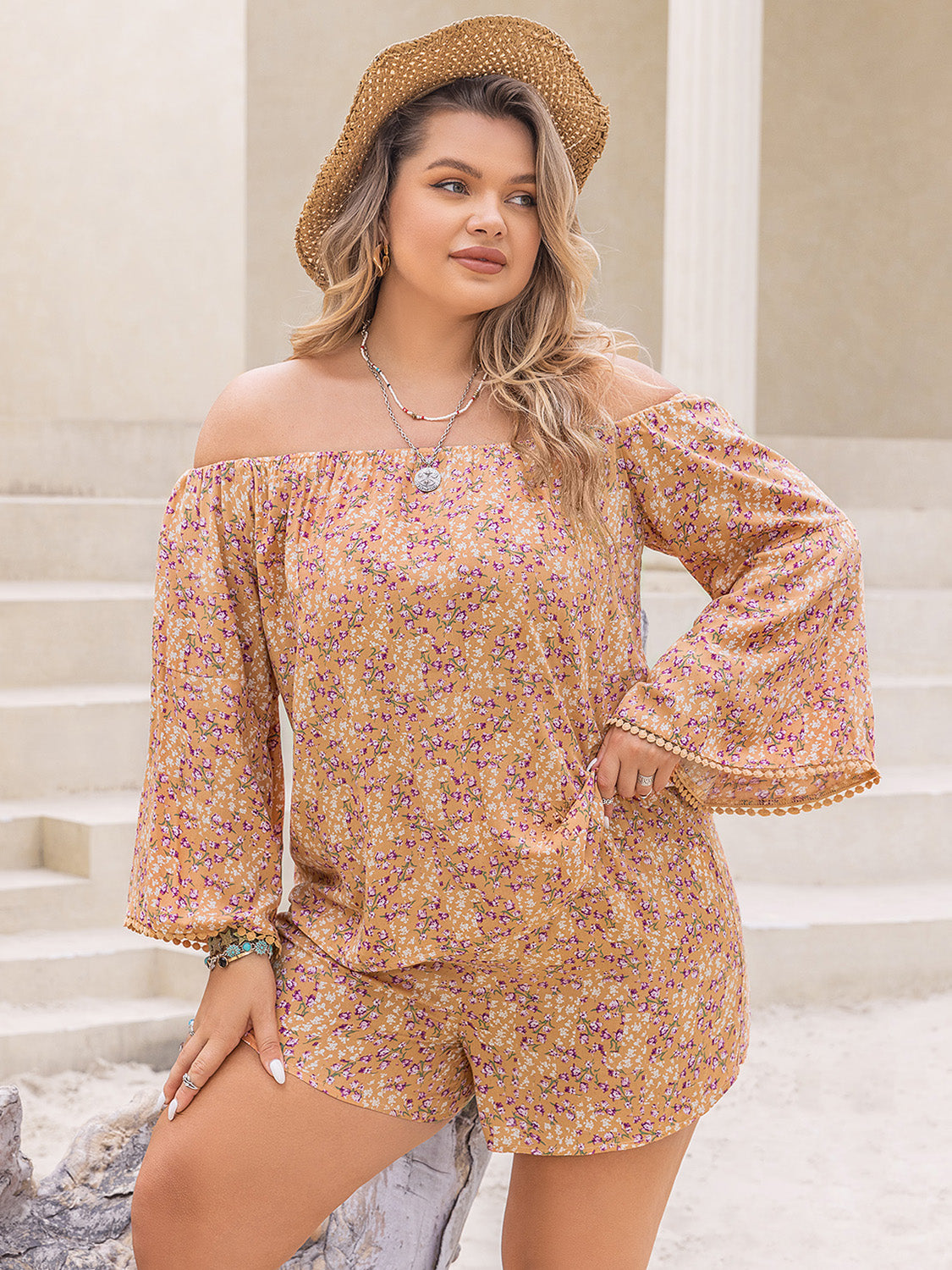 Plus Size Printed Off-Shoulder Top and Shorts Set - Brinxx Couture