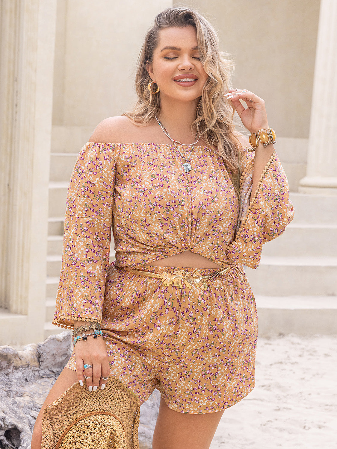 Plus Size Printed Off-Shoulder Top and Shorts Set - Brinxx Couture