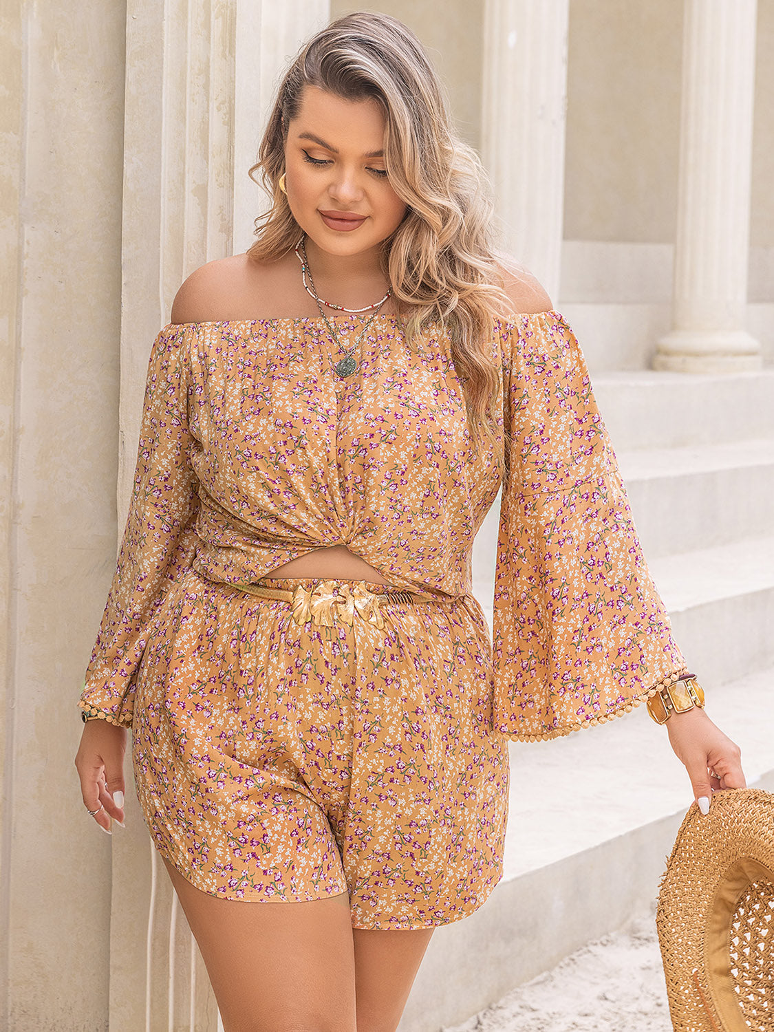 Plus Size Printed Off-Shoulder Top and Shorts Set - Brinxx Couture