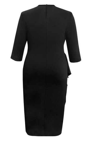 Plus Size Ruffle Trim Round Neck Long Sleeve Dress - Brinxx Couture